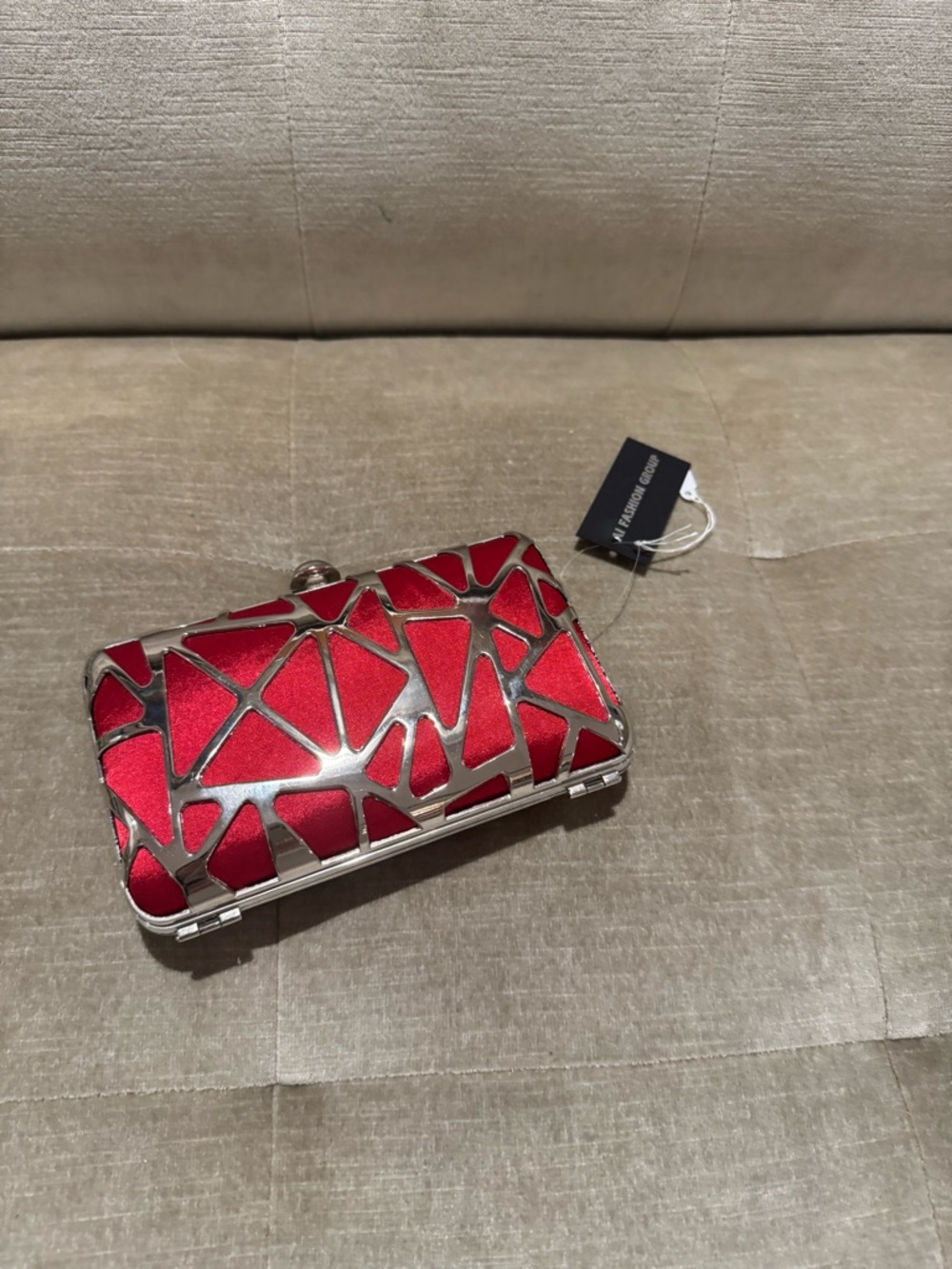 Red Geometric Metal-Overlay Clutch